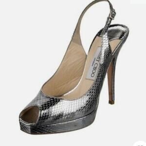 Jimmy Choo Silver Water Snake Platform Open Toe Heels - Size 38.5